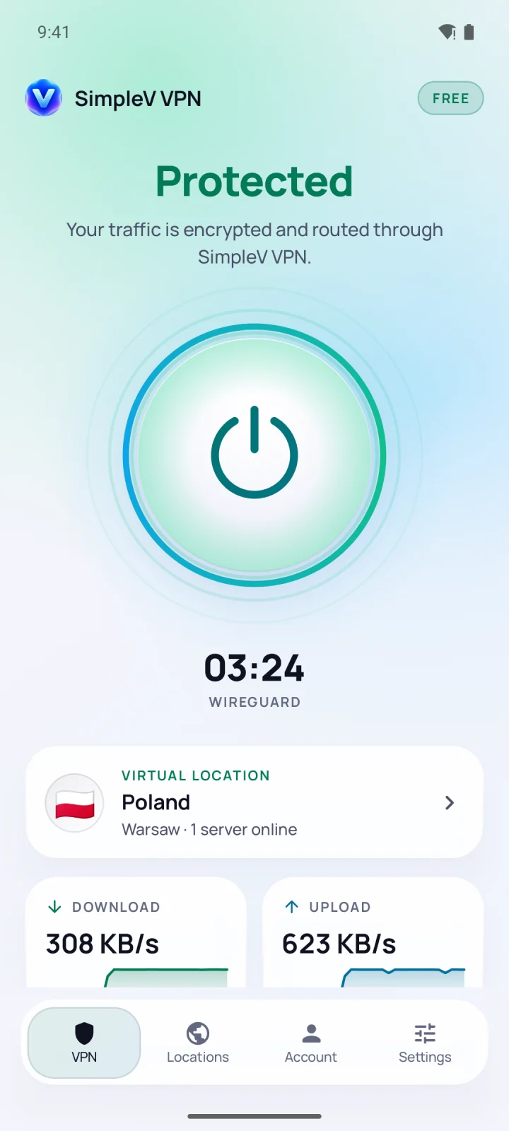 SimpleV VPN — protected in one tap SimpleV VPN home screen: Protected, connected to Warsaw over WireGuard, live download and upload speed