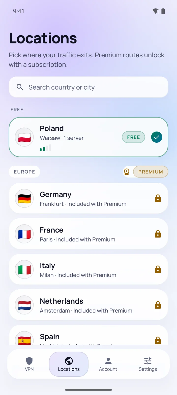 A free location, ready to go Locations screen: free location in Poland and premium locations in Europe