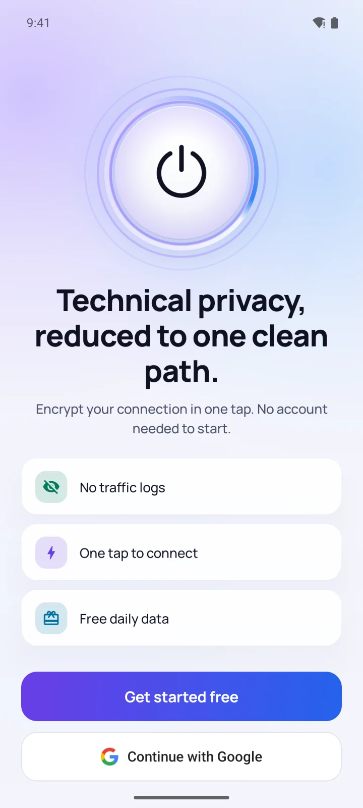 No sign-up to start Welcome screen: start free without an account