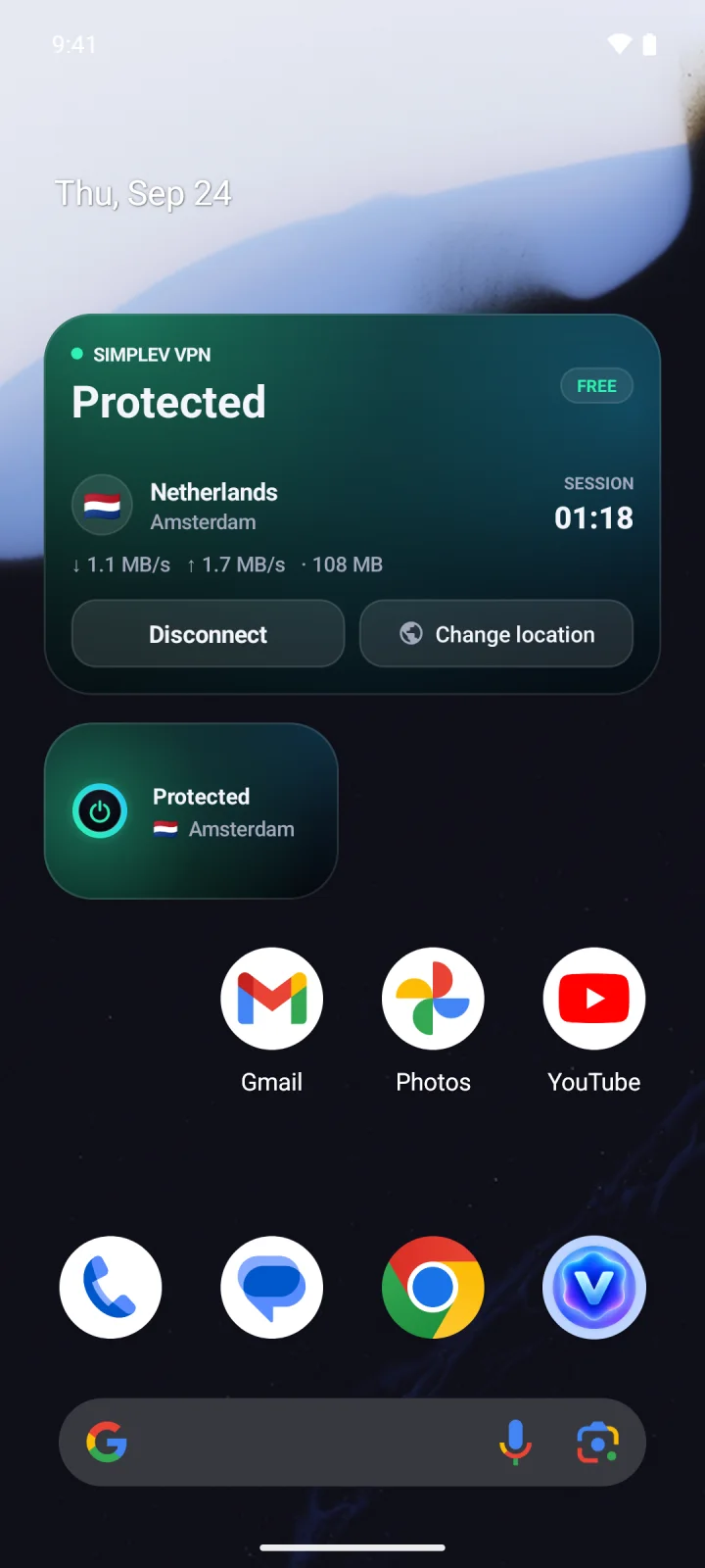 Widgets for your home screen Android home screen widgets showing a protected connection